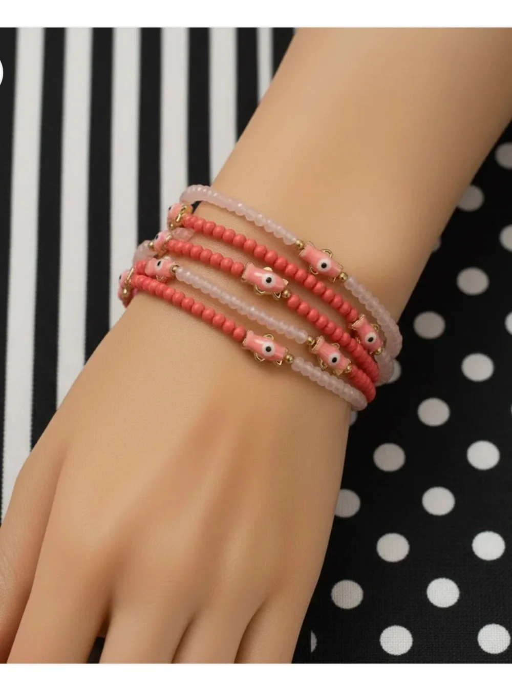 Pink Glass Elastic Bead Evil Eyes Bracelet Set